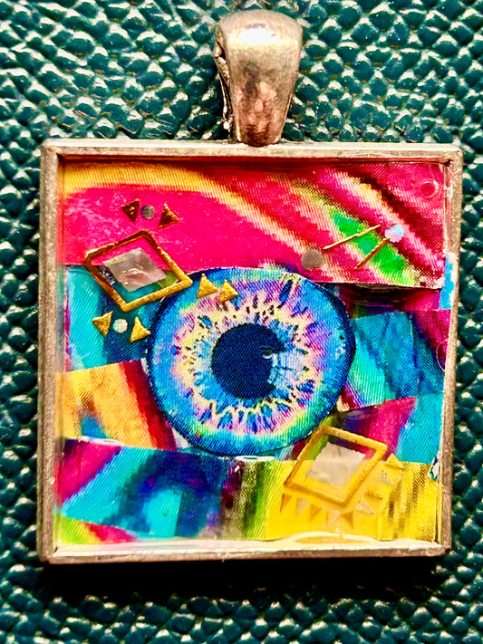 Artisan Handcrafted Abstract Micro Paper Collage one-inch Square Pendant Creative Gift, Colorful and Brilliant