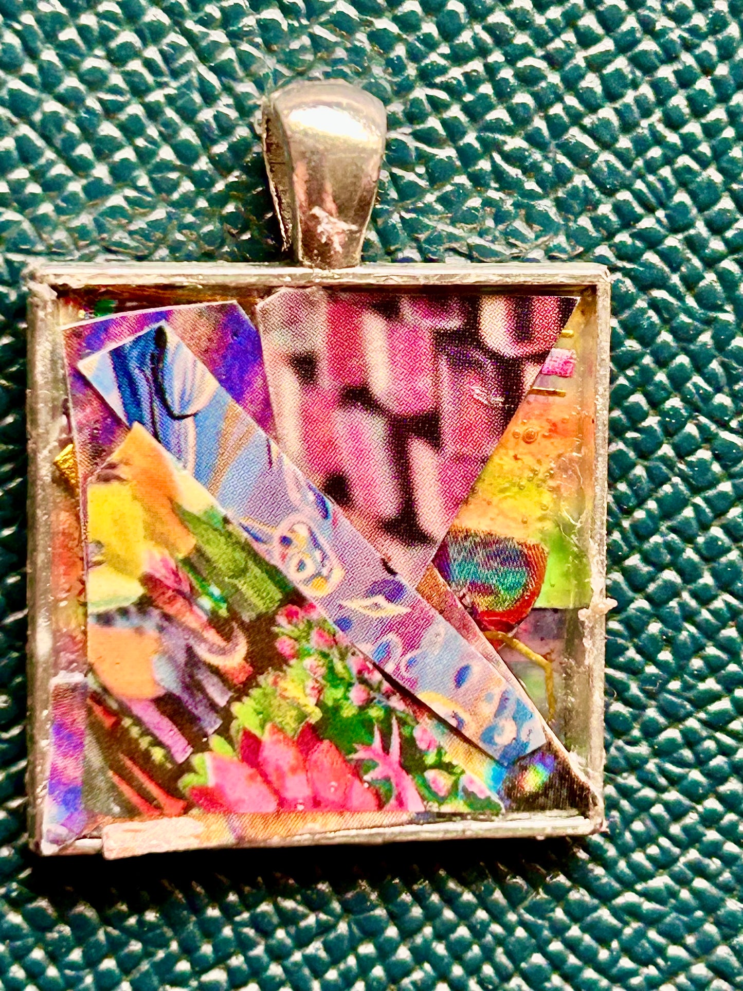 Artisan Handcrafted Abstract Micro Paper Collage one-inch Square Pendant Creative Gift, Colorful and Brilliant