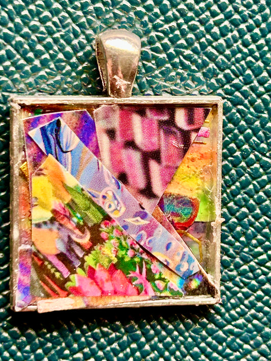 Artisan Handcrafted Abstract Micro Paper Collage one-inch Square Pendant Creative Gift, Colorful and Brilliant