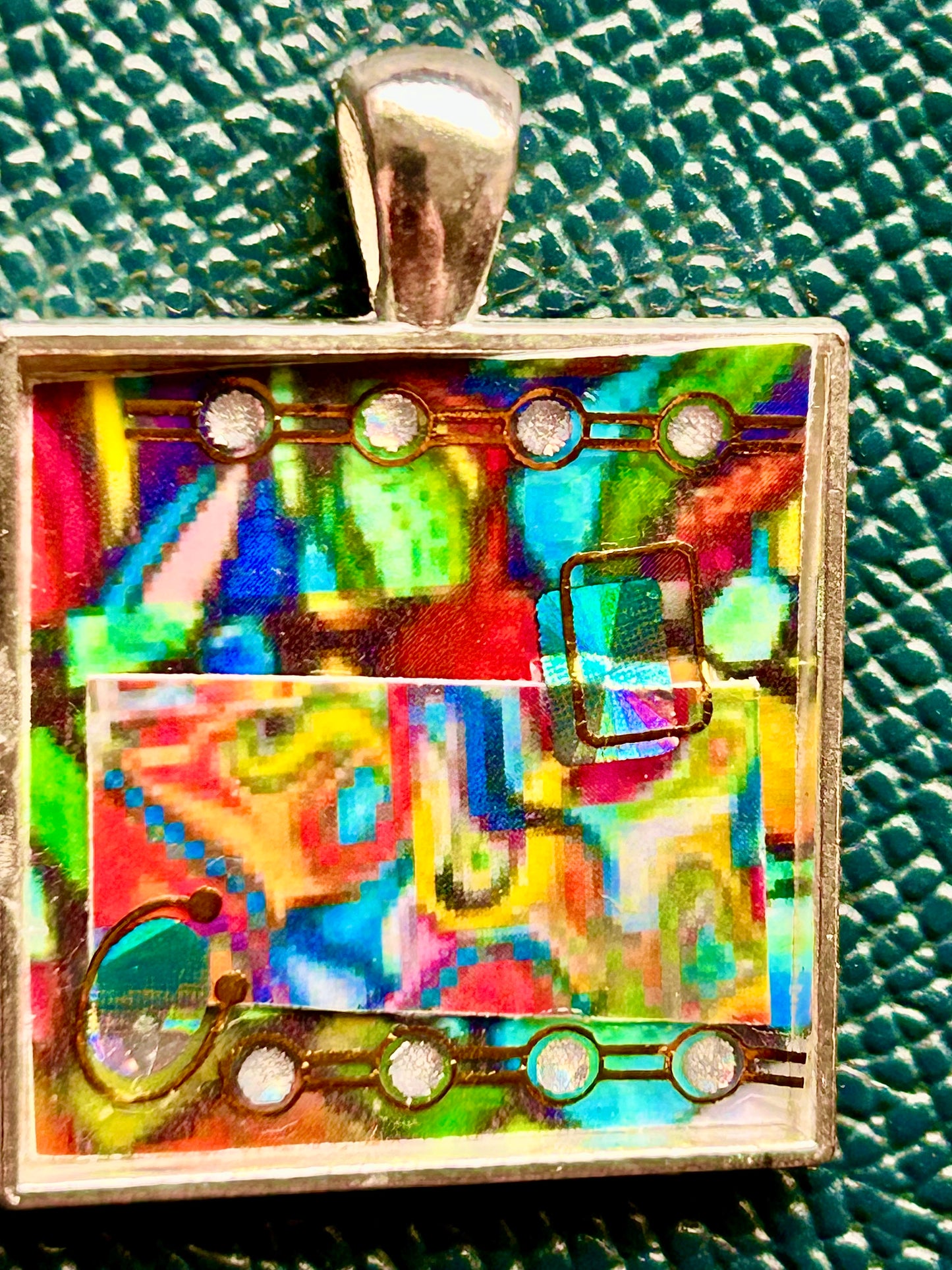 Artisan Handcrafted Abstract Micro Paper Collage one-inch Square Pendant Creative Gift, Colorful and Brilliant