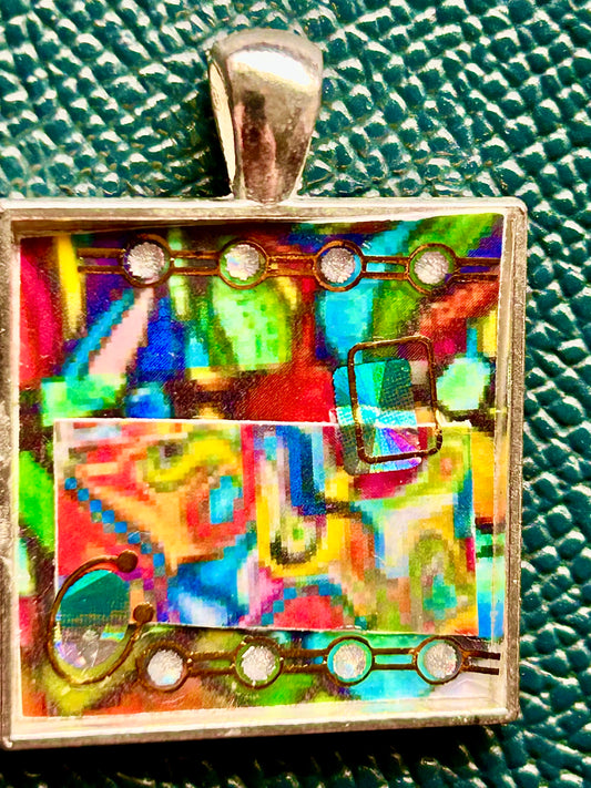 Artisan Handcrafted Abstract Micro Paper Collage one-inch Square Pendant Creative Gift, Colorful and Brilliant