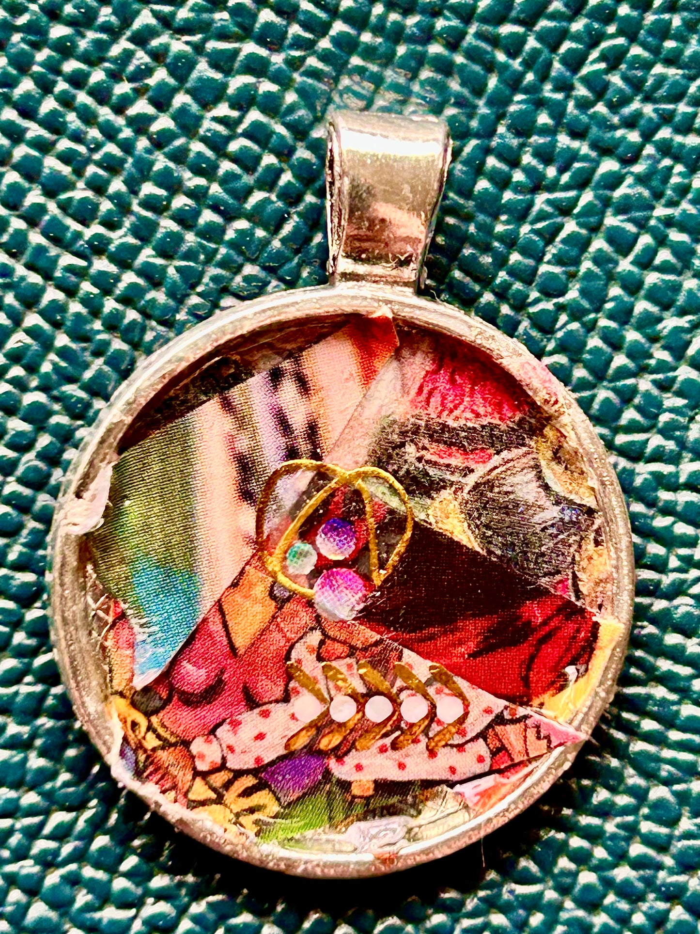 Artisan Handcrafted Abstract Micro Paper Collage one-inch Round Pendant Creative Gift, Colorful and Brilliant (Copy)