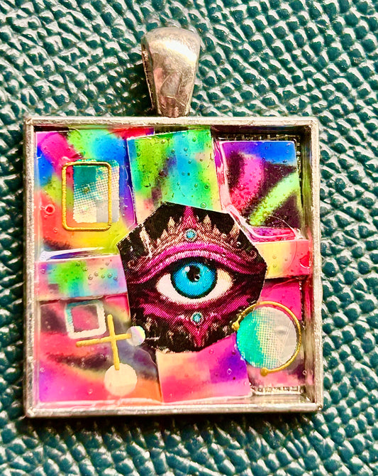 Artisan Handcrafted Abstract Micro Paper Collage one-inch Square Pendant Creative Gift, Colorful and Brilliant