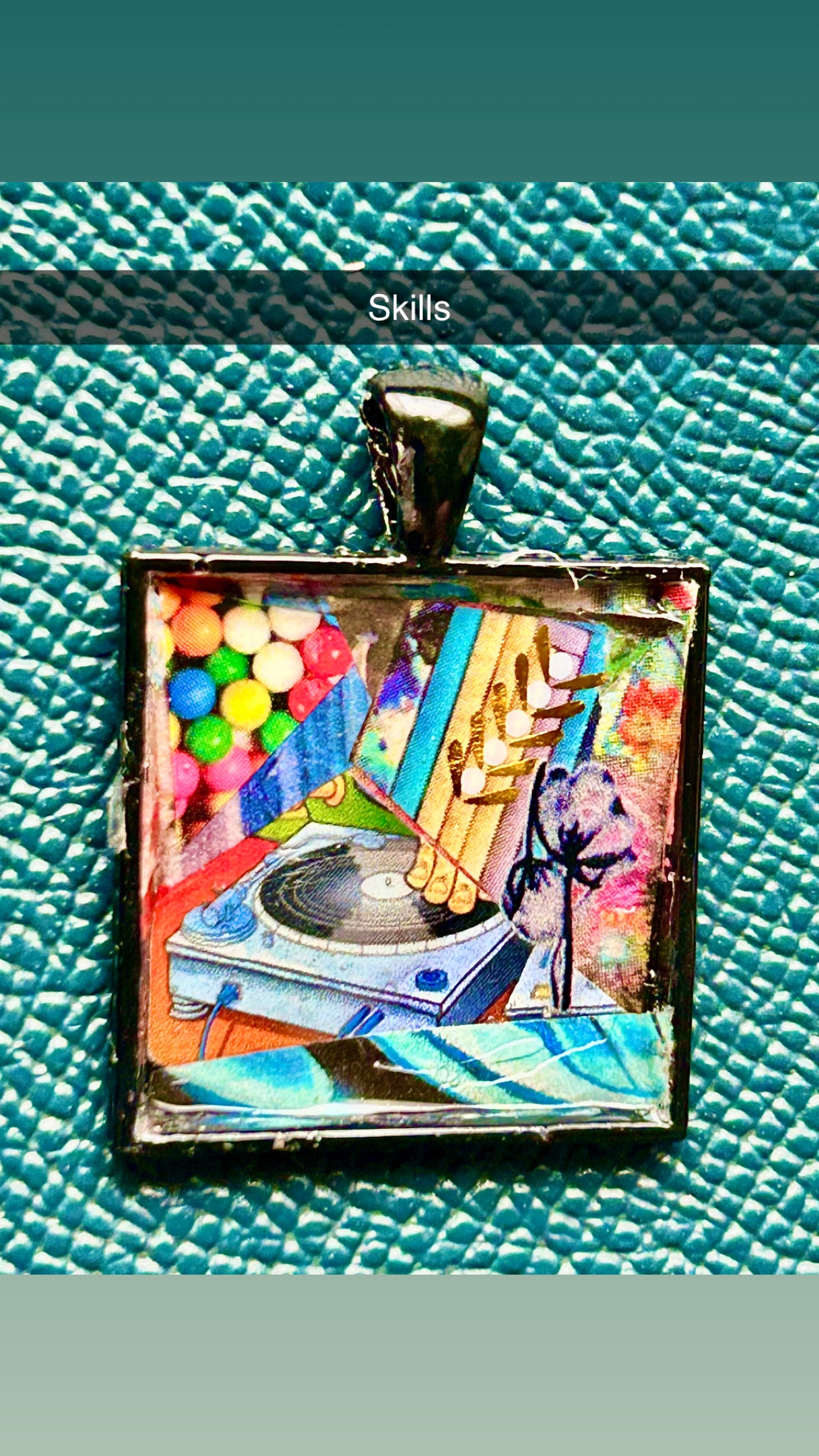Artisan Handcrafted Abstract Micro Paper Collage one-inch Square Pendant Creative Gift, Colorful and Brilliant