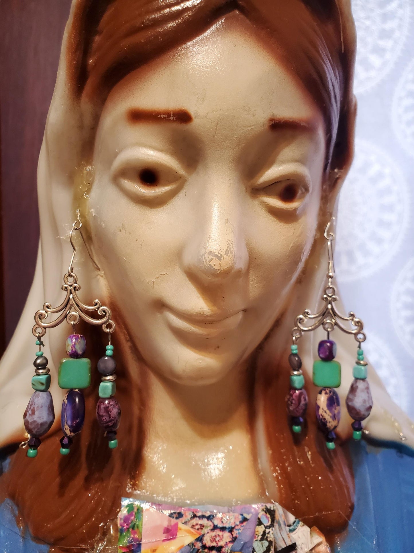 Royal Stone Chandelier Earrings Purple and Teal Gemstone Silver Plated Findings Unique from Royal Glass Bead Treasure Chest Hypoallergenic