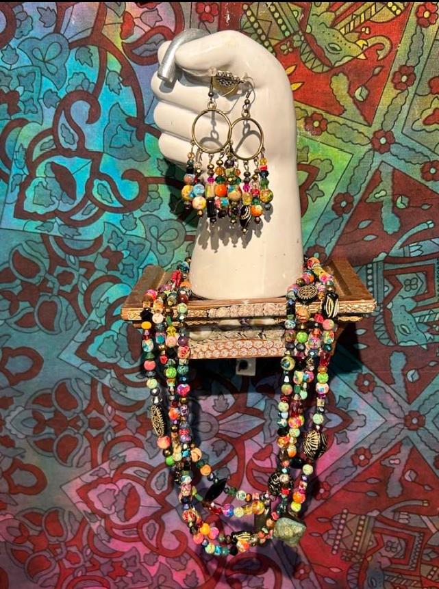 Earth Tones "Red Grains" 3 Necklace and ChandelEarring Set , handcrafted