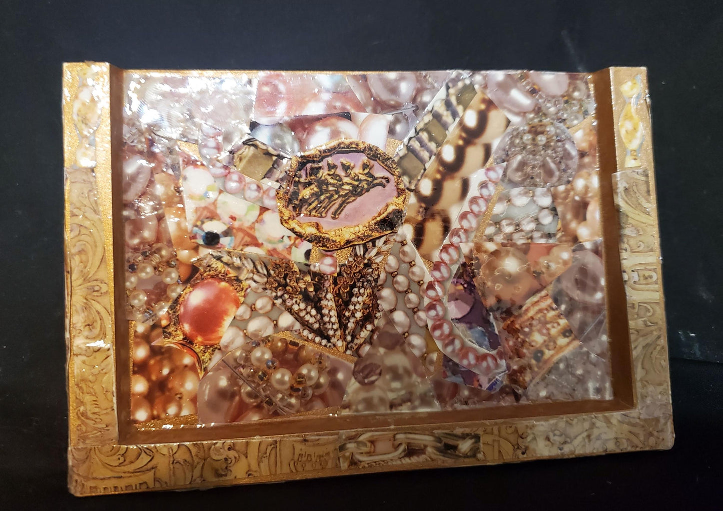Rose Gold Collage Porcelain Statue Adorned Hanging Wall Shelf, small Elegant Decoupage Epoxy Resin Sealed Pearls and Handcrafted