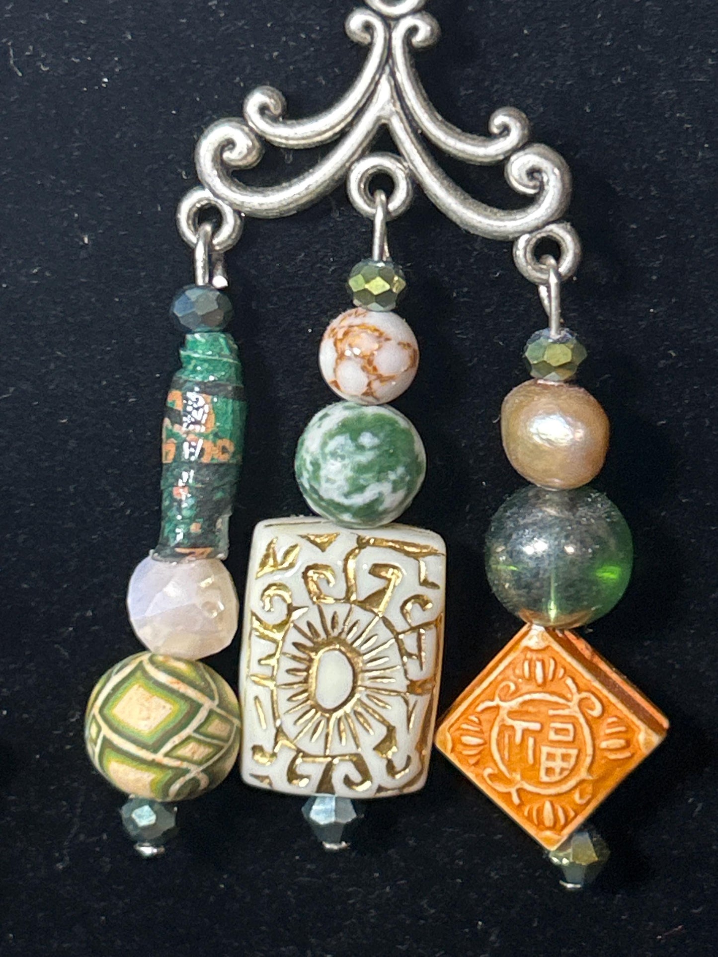 Earth tones ChandelEarrings Hand crafted earrings cream & green clay gemstones glass