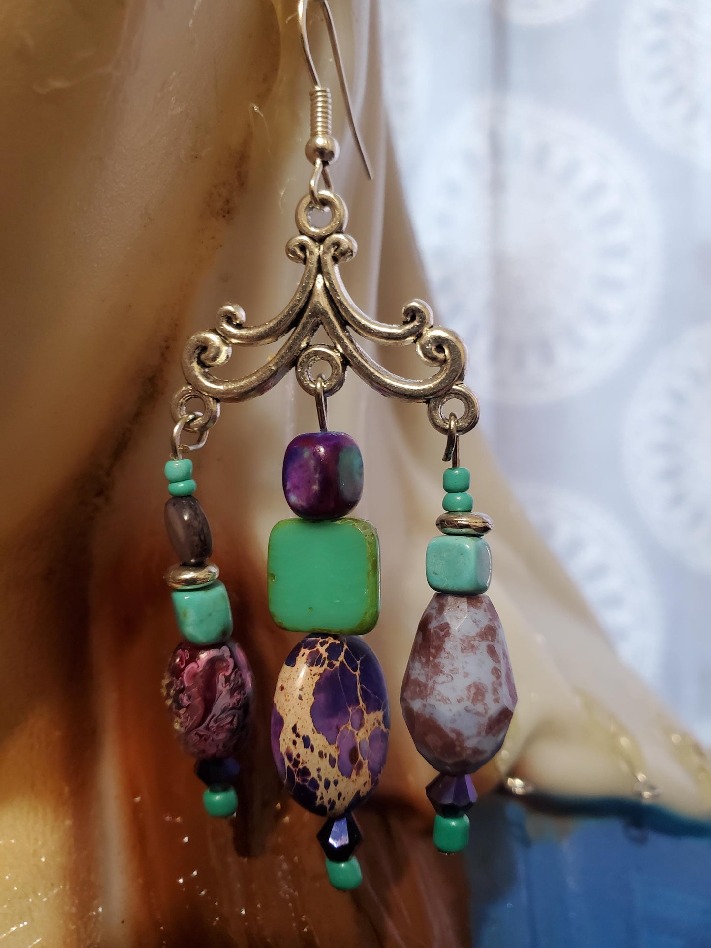 Royal Stone Chandelier Earrings Purple and Teal Gemstone Silver Plated Findings Unique from Royal Glass Bead Treasure Chest Hypoallergenic