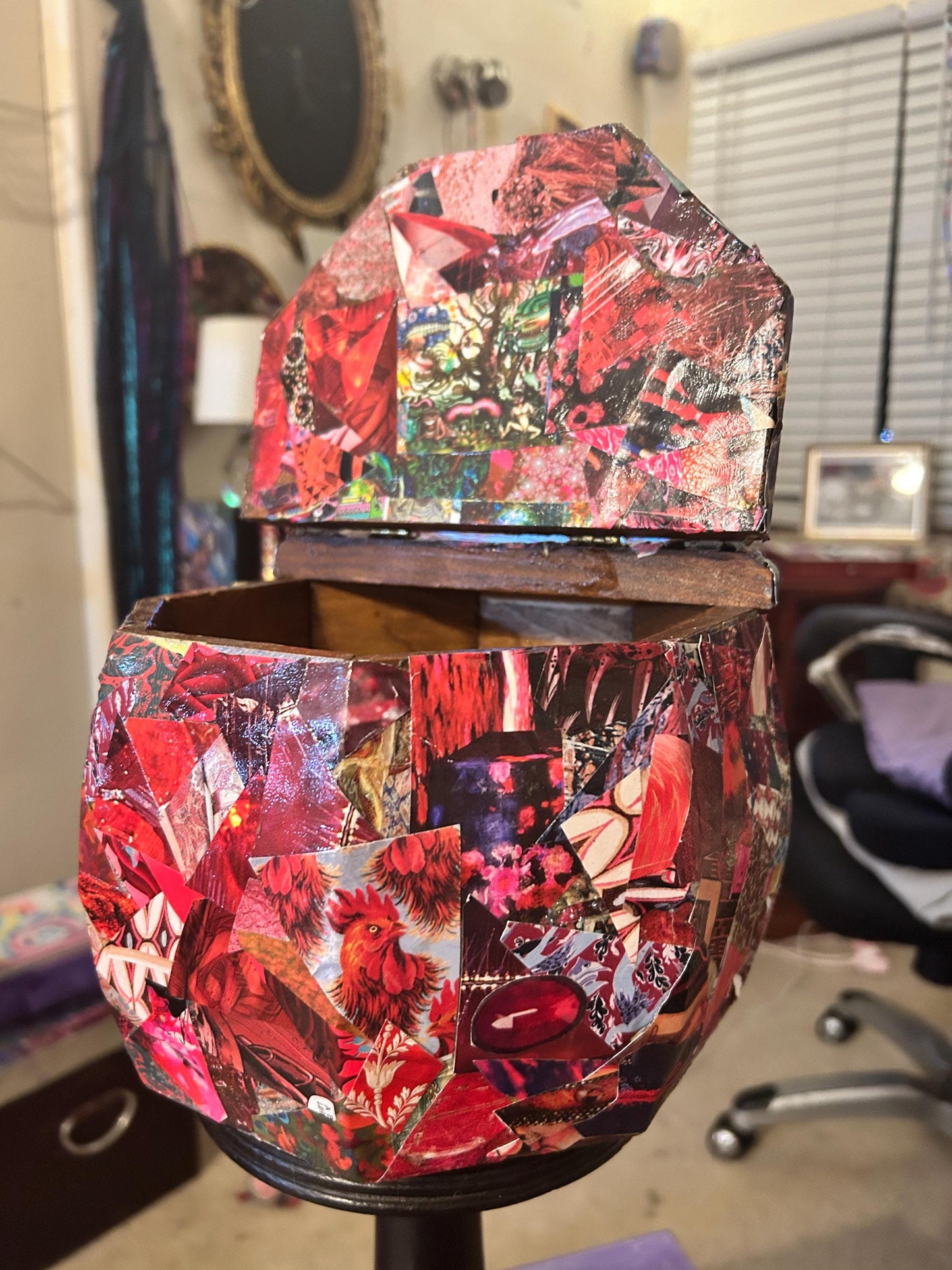 Red Decoupage Collage Wrapped Wood Box ~ Chaotic, Analog, Unique, Trippy, Handmade, Retro
