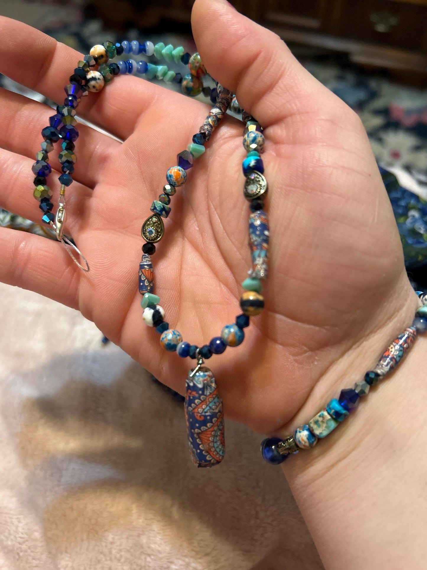 6-pc set Crystal Glass Bead Handmade ChandelEarrings Peacock Blue Necklace Set plated 925 Hypoallergenic Original Design Royal Glass Tresure