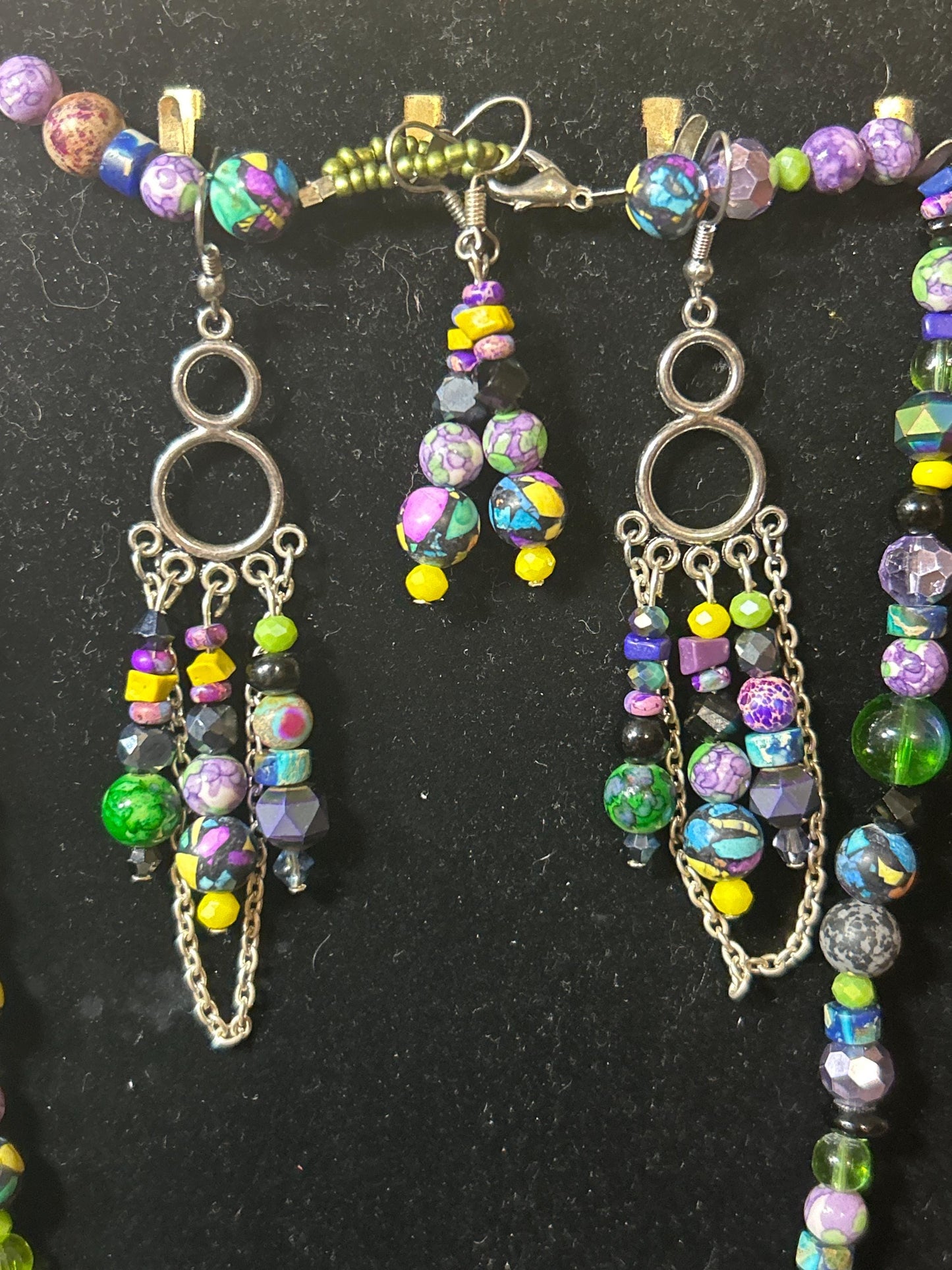 Multi-colored Handmade Set of Necklace and 2 Pairs of Earrings, Genstones and Glass Beads Purple Yellow and Green