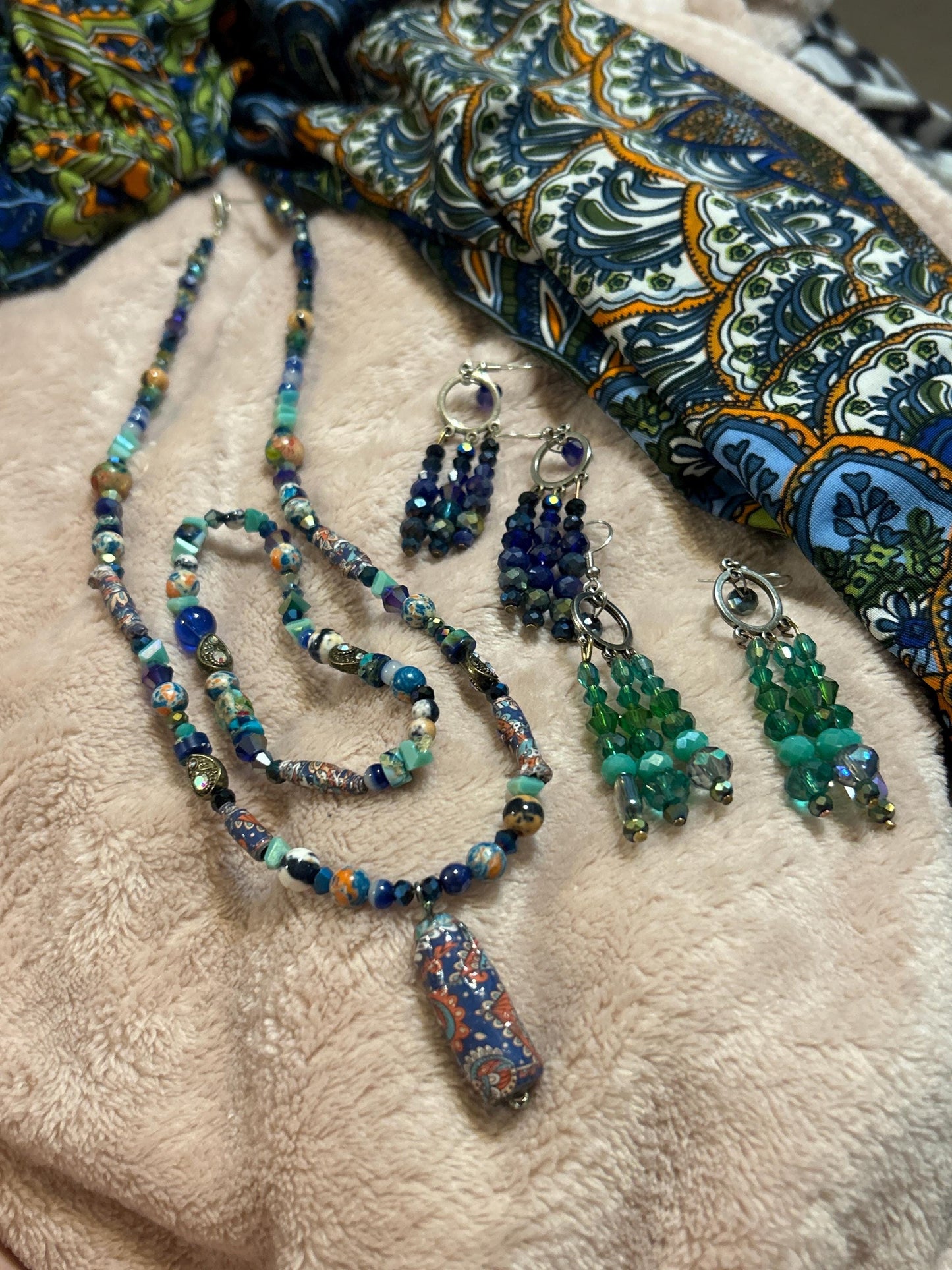 6-pc set Crystal Glass Bead Handmade ChandelEarrings Peacock Blue Necklace Set plated 925 Hypoallergenic Original Design Royal Glass Tresure