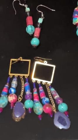 Gorgeous Pink and Blue Beaded Jewelry Set of Glass and Stone Handcrafted Peices Neckalace Earrings ChandelEarrings Original Royal Treasure