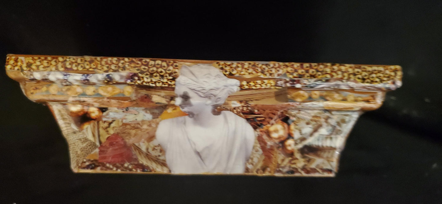 Rose Gold Collage Porcelain Statue Adorned Hanging Wall Shelf, small Elegant Decoupage Epoxy Resin Sealed Pearls and Handcrafted