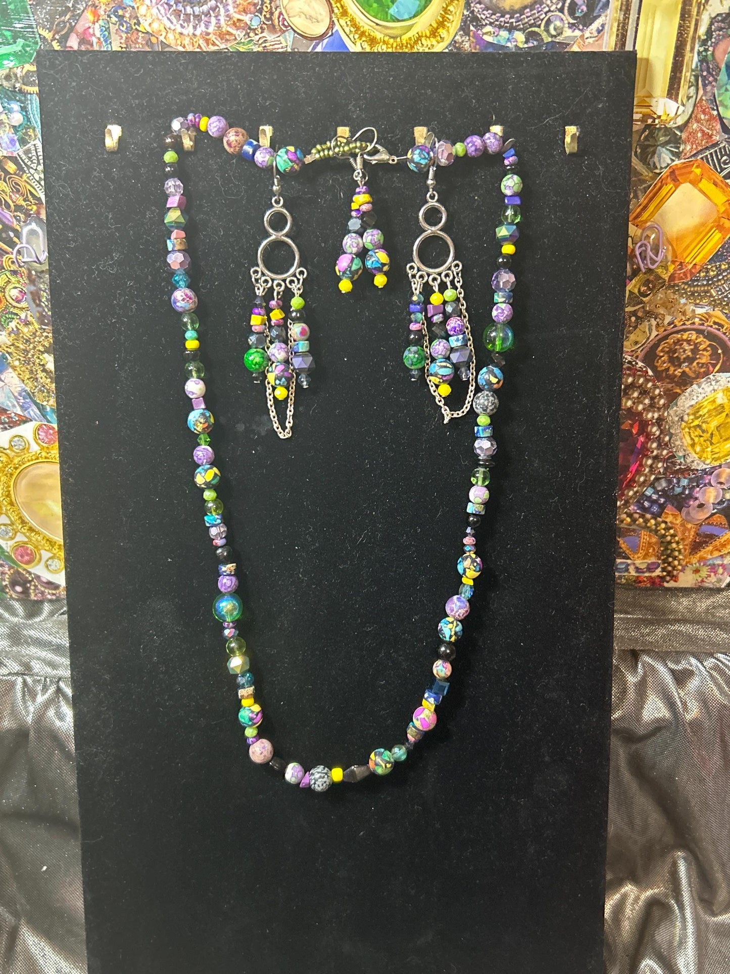 Multi-colored Handmade Set of Necklace and 2 Pairs of Earrings, Genstones and Glass Beads Purple Yellow and Green