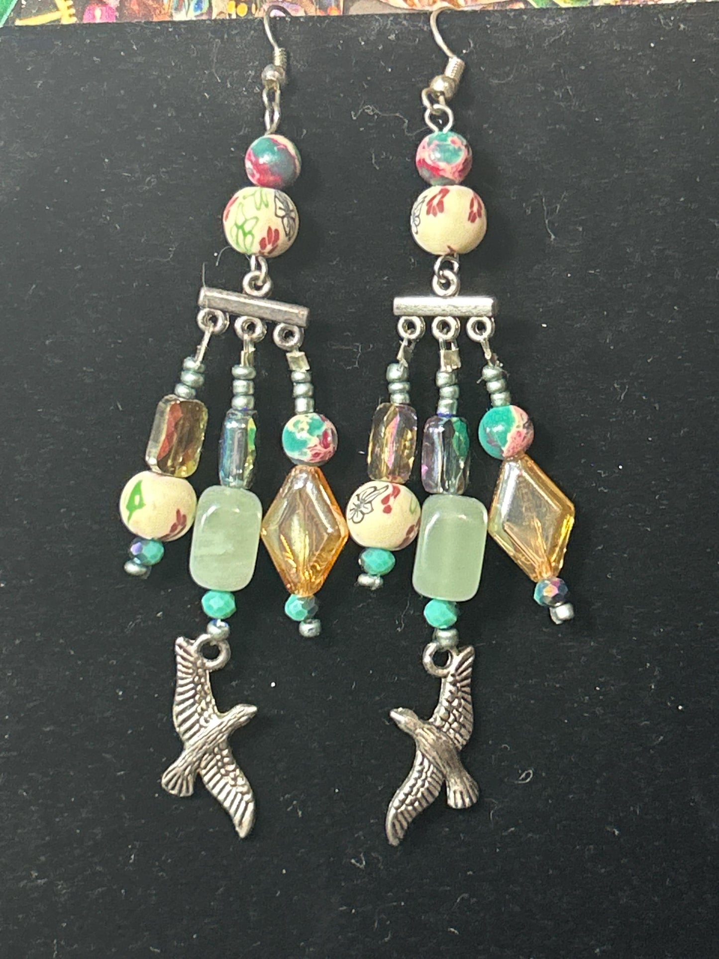 Green & Cream Bird ChandelEarrings Hand crafted earrings clay gemstones glass