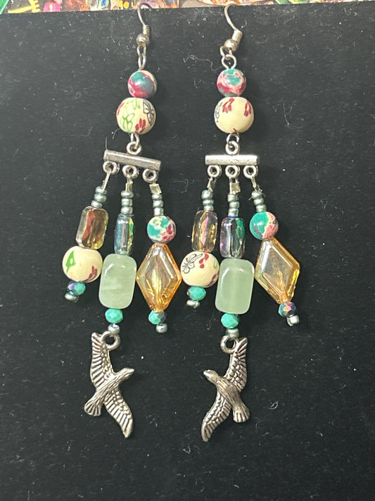 Green & Cream Bird ChandelEarrings Hand crafted earrings clay gemstones glass