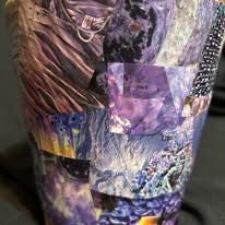 Purple Dreams of Blockbuster Screams Ceramic Earth Planter Machine Wraped Decoupage