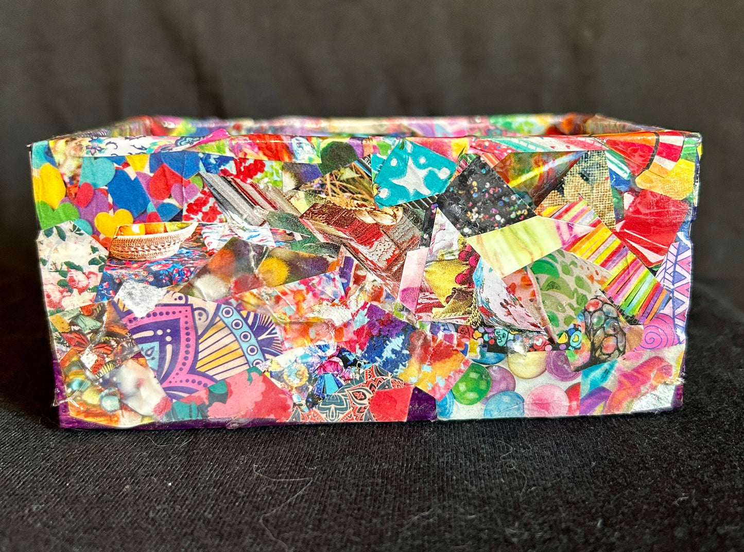 Multi-Colored Psychedelic w/ Red & Yellow Gems Gilded Mod Podge Paper Collage Decorative Arts Wood Crate  Handmade 2024 USA