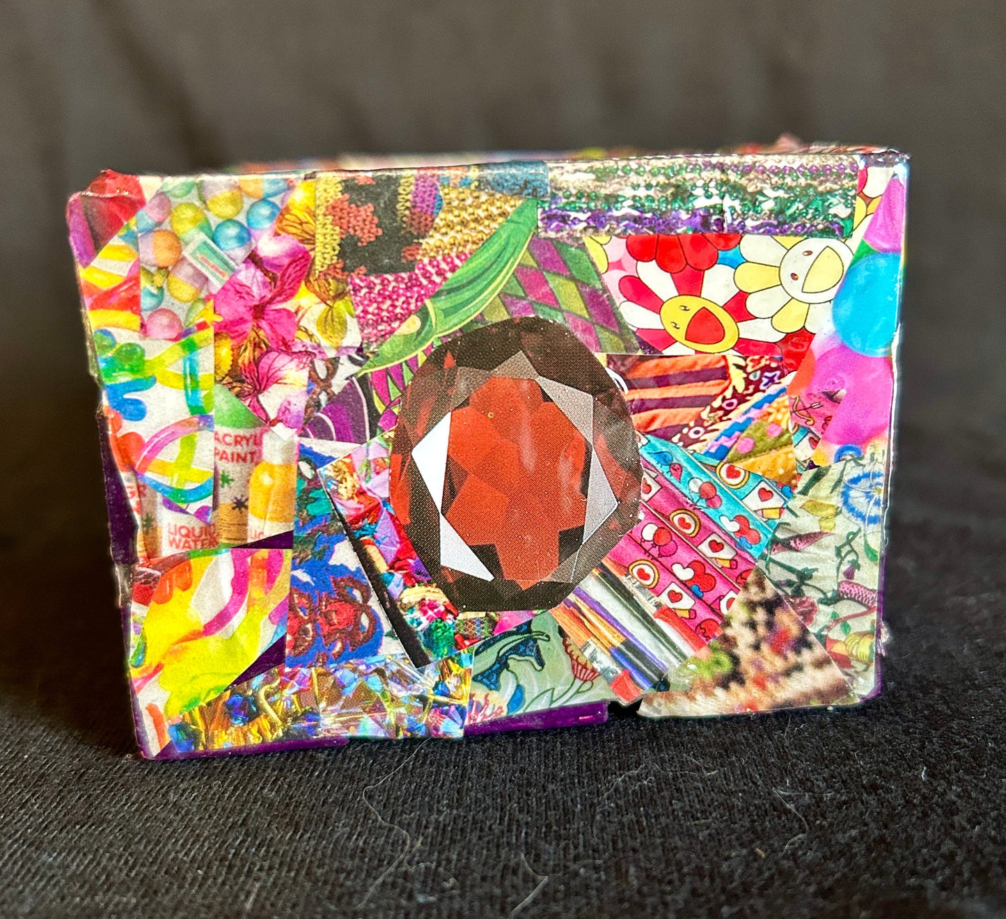 Multi-Colored Psychedelic w/ Red & Yellow Gems Gilded Mod Podge Paper Collage Decorative Arts Wood Crate  Handmade 2024 USA