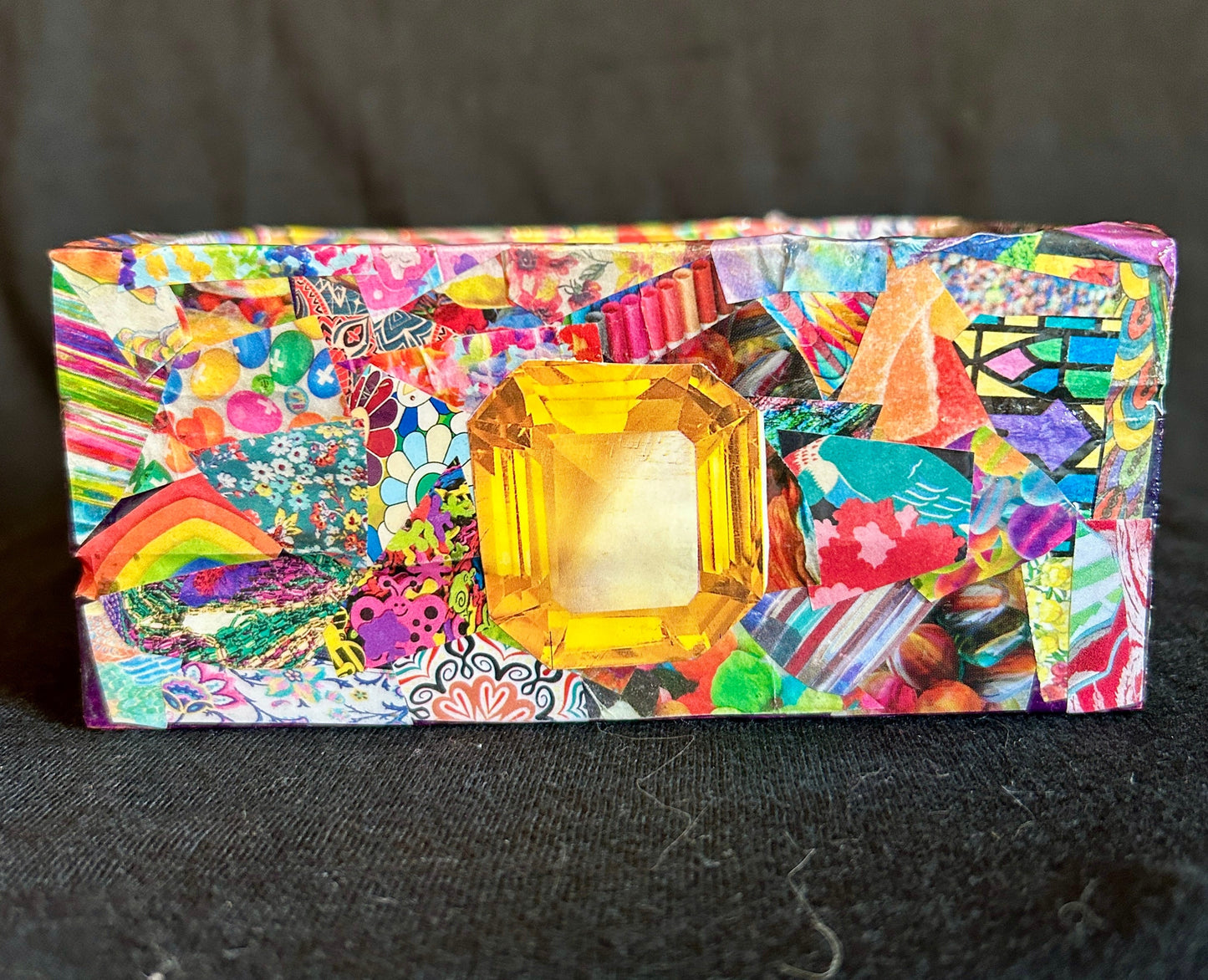 Multi-Colored Psychedelic w/ Red & Yellow Gems Gilded Mod Podge Paper Collage Decorative Arts Wood Crate  Handmade 2024 USA