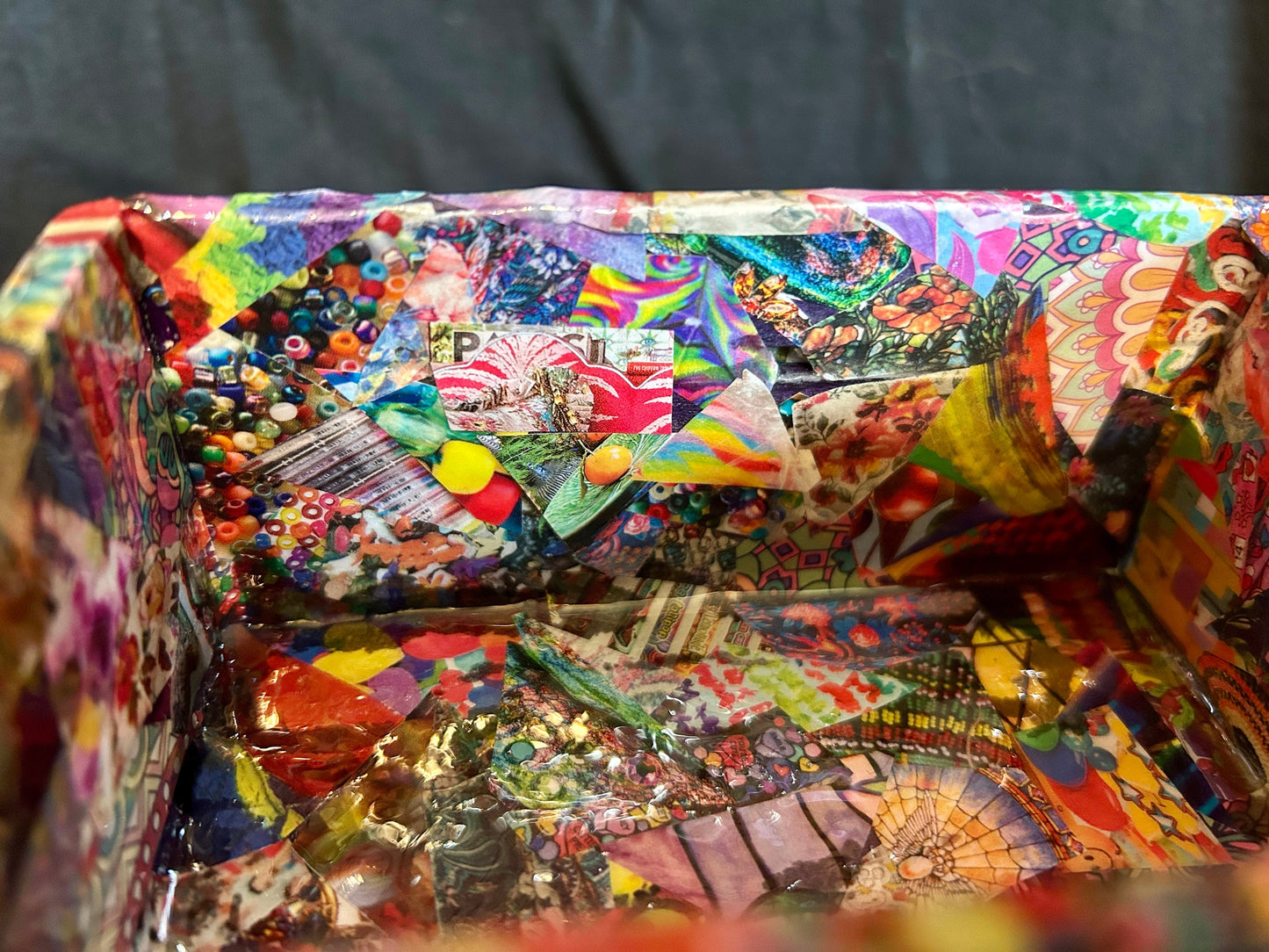Multi-Colored Psychedelic w/ Red & Yellow Gems Gilded Mod Podge Paper Collage Decorative Arts Wood Crate  Handmade 2024 USA