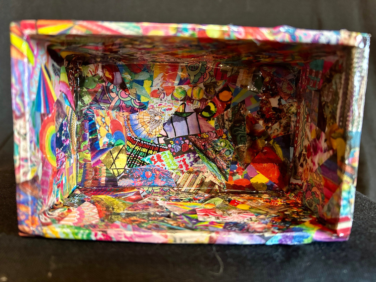 Multi-Colored Psychedelic w/ Red & Yellow Gems Gilded Mod Podge Paper Collage Decorative Arts Wood Crate  Handmade 2024 USA