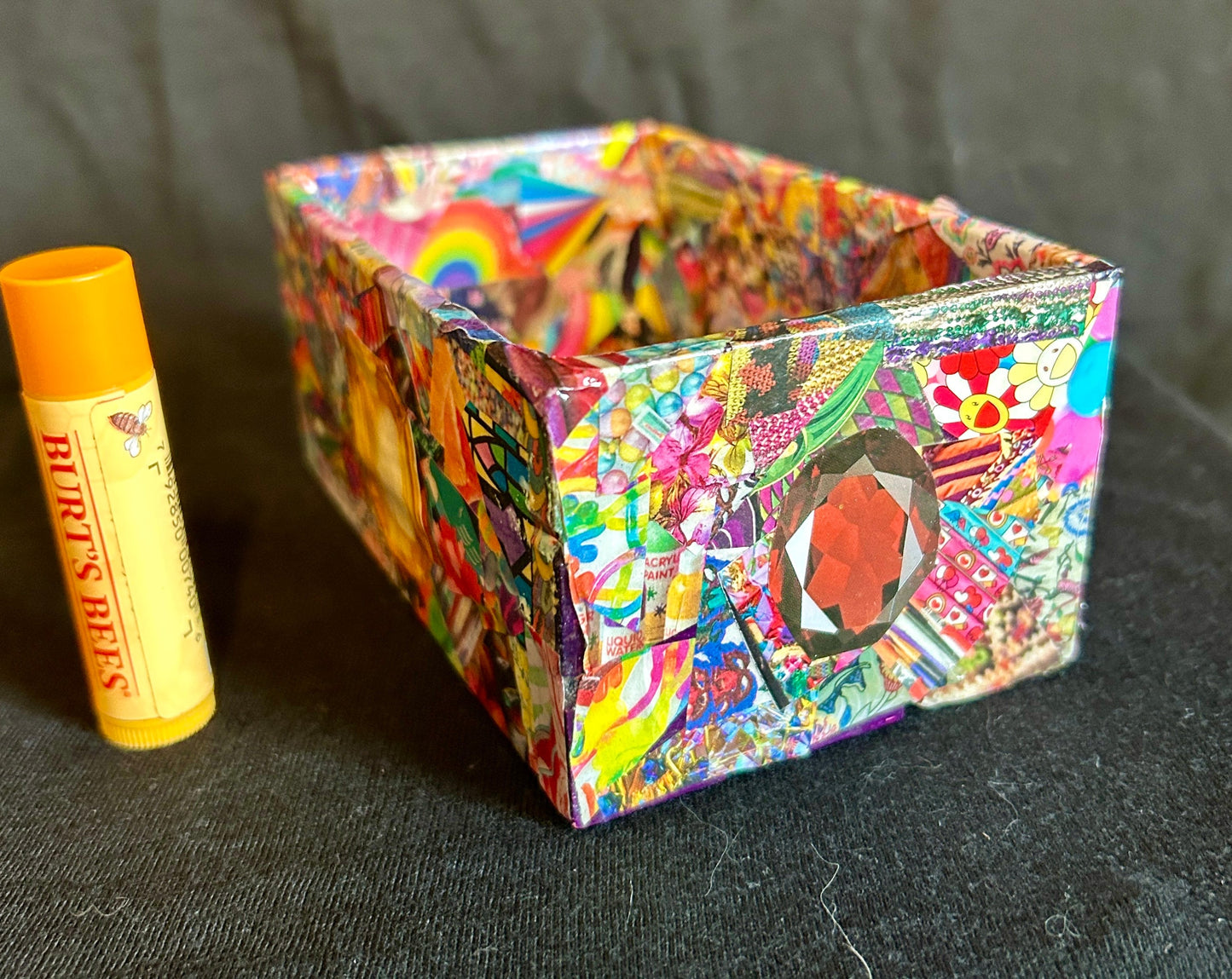 Multi-Colored Psychedelic w/ Red & Yellow Gems Gilded Mod Podge Paper Collage Decorative Arts Wood Crate  Handmade 2024 USA