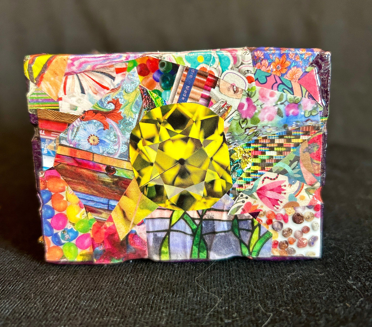Multi-Colored Psychedelic w/ Red & Yellow Gems Gilded Mod Podge Paper Collage Decorative Arts Wood Crate  Handmade 2024 USA