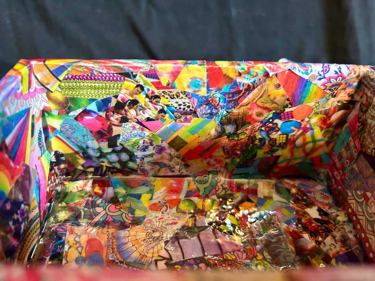 Multi-Colored Psychedelic w/ Red & Yellow Gems Gilded Mod Podge Paper Collage Decorative Arts Wood Crate  Handmade 2024 USA