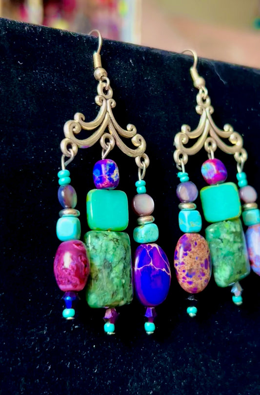 Teal & Mother of Pearl 3-Drop Homecrafted ChandelEarrings w. Crystal, Glass & Hypoallergenic Silver-Plated Findings