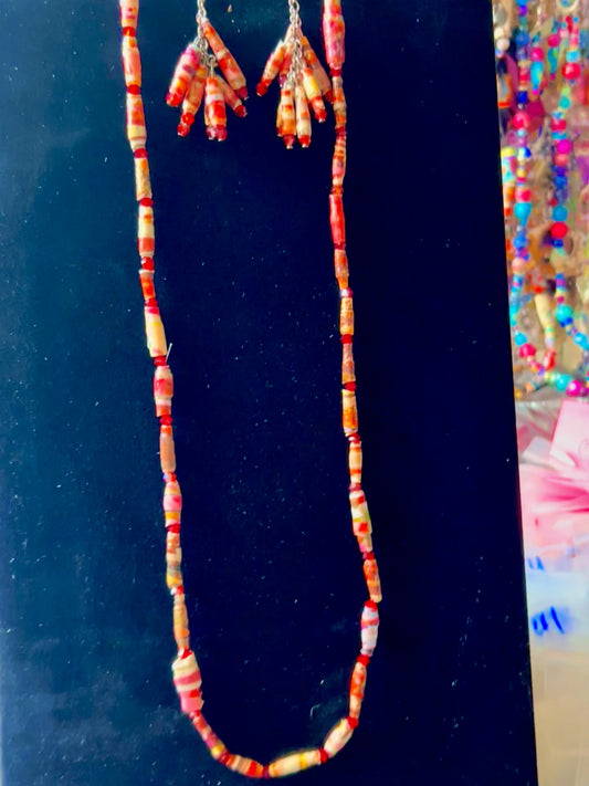 Strawberry Shortcake Artisan Handcrafted Paper Bead Necklace & Earring Set from Upcycled Magazine Paper