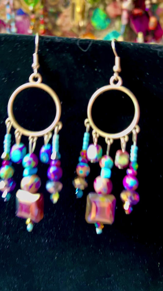 Royal Purple & Teal 3-Drop Homecrafted ChandelEarrings w. Crystal, Glass, and Multi-Colored Paper Bead & Hypoallergenic Silver-Plated Findings
