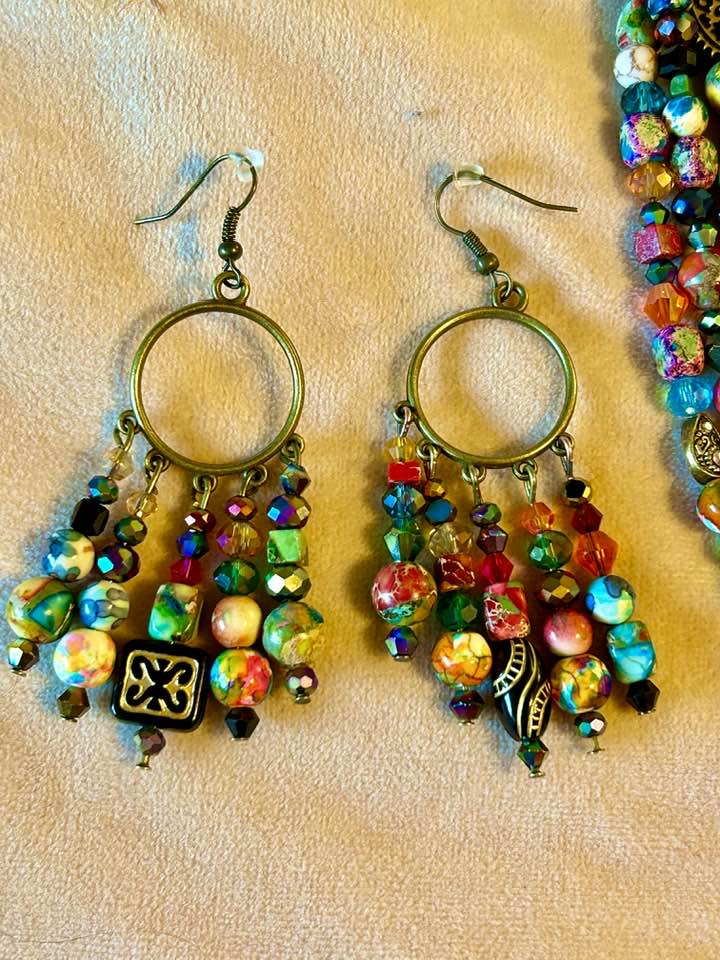 Earth Tones "Red Grains" 3 Necklace and ChandelEarring Set , handcrafted
