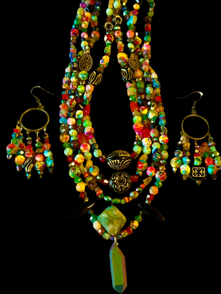 Earth Tones "Red Grains" 3 Necklace and ChandelEarring Set , handcrafted