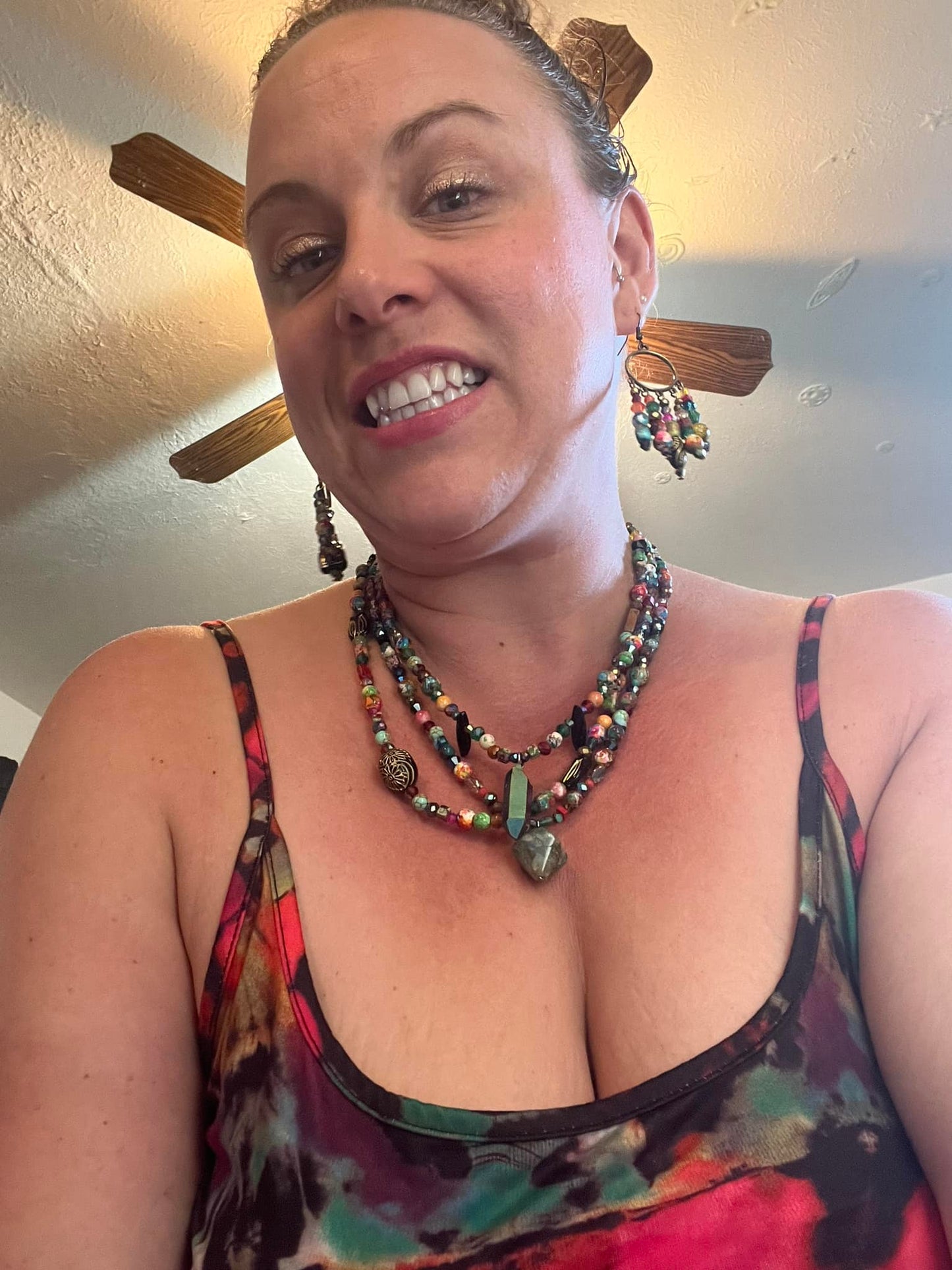 Earth Tones "Red Grains" 3 Necklace and ChandelEarring Set , handcrafted