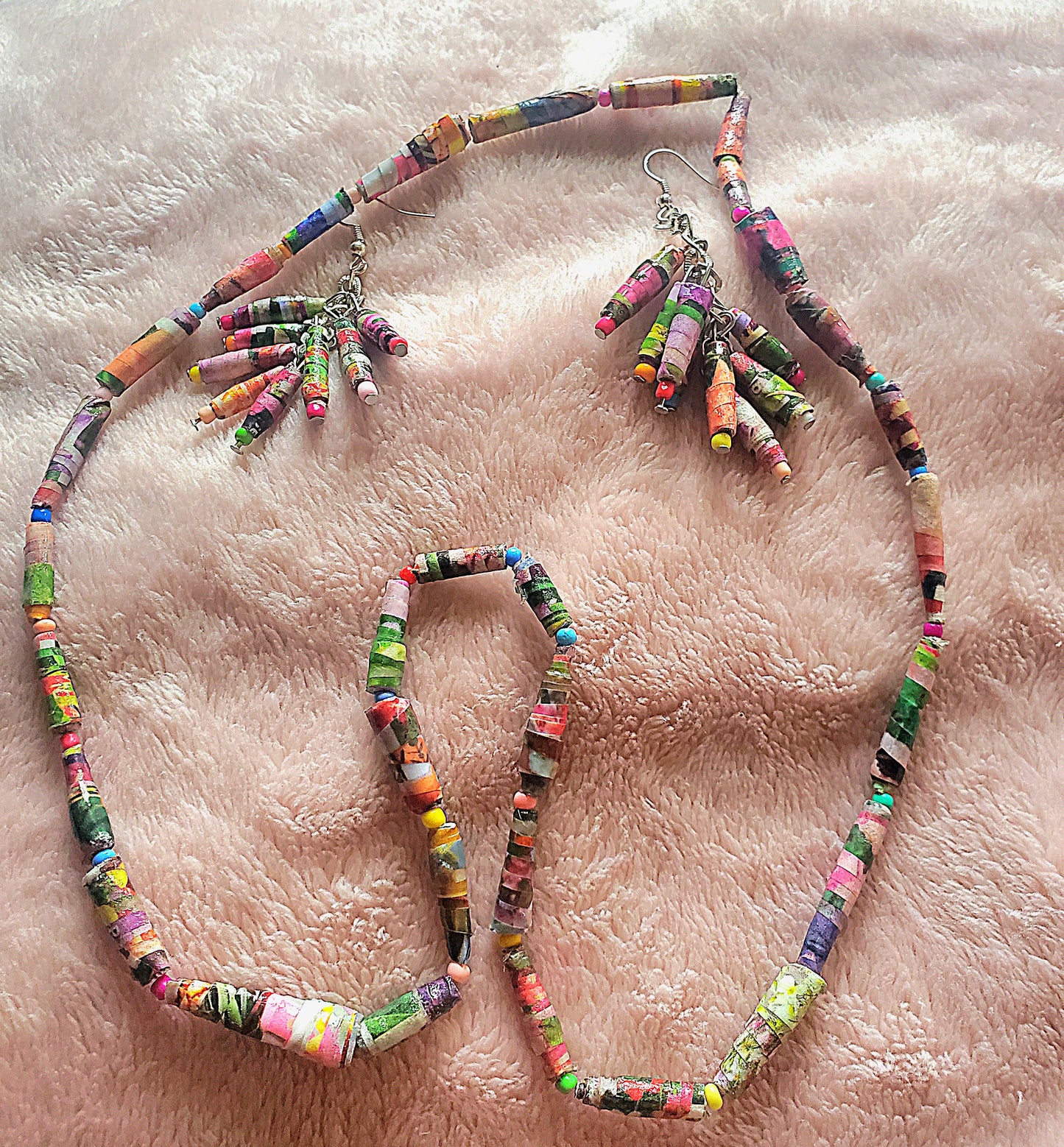 Floral Catalog Handmade Paper Bead Necklace and Earring Set with Hypoallergenic Silver-plated Findings