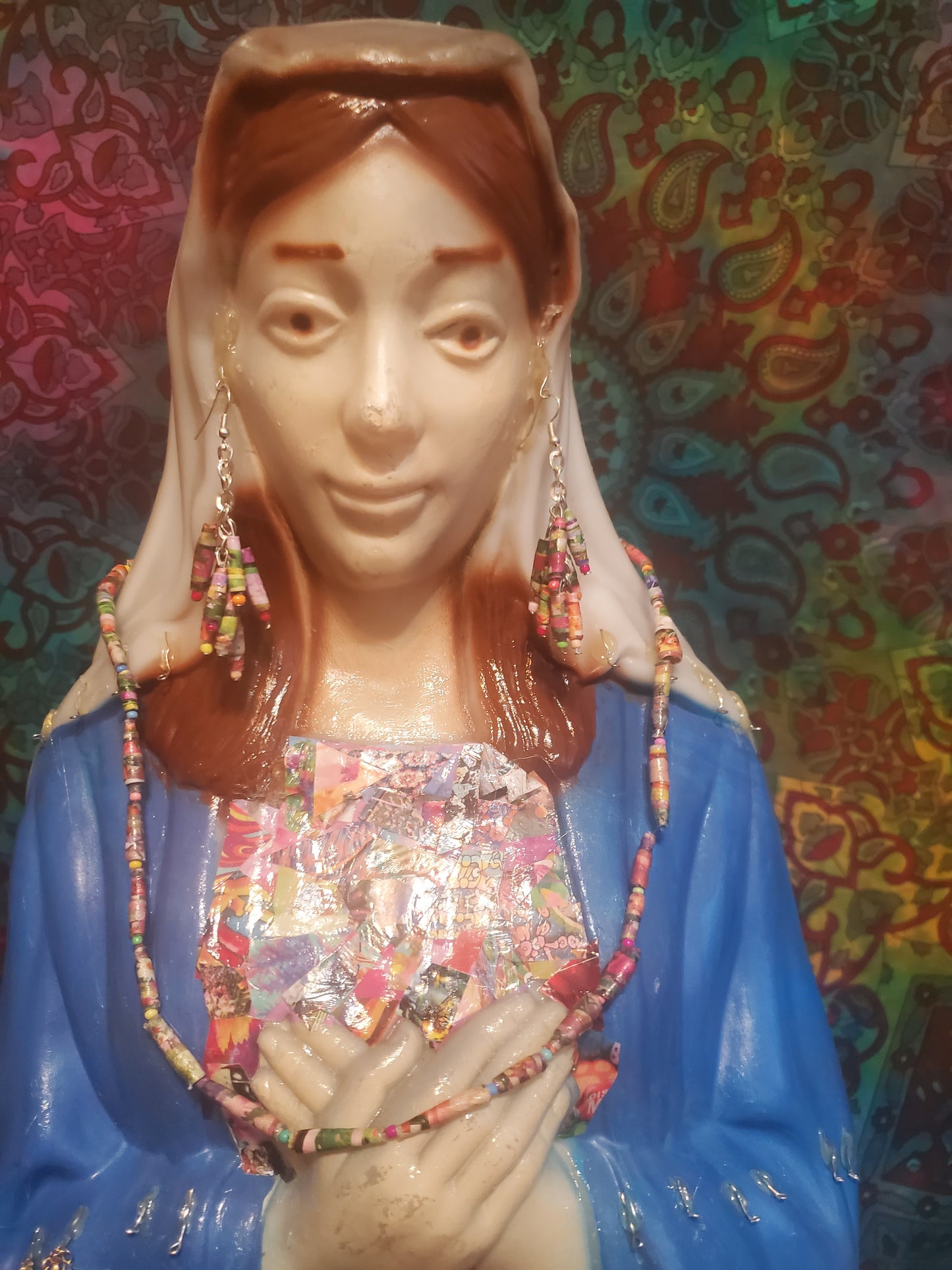 Floral Catalog Handmade Paper Bead Necklace and Earring Set with Hypoallergenic Silver-plated Findings