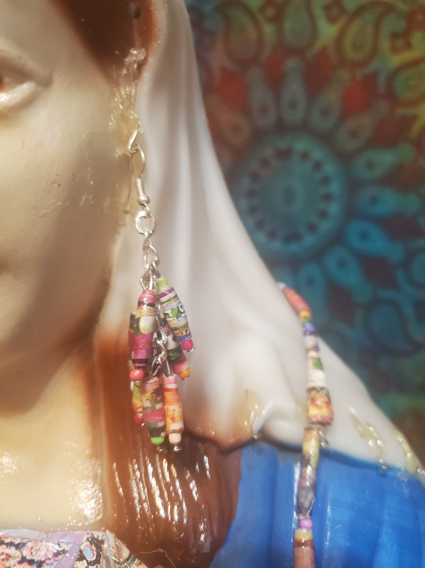 Floral Catalog Handmade Paper Bead Necklace and Earring Set with Hypoallergenic Silver-plated Findings