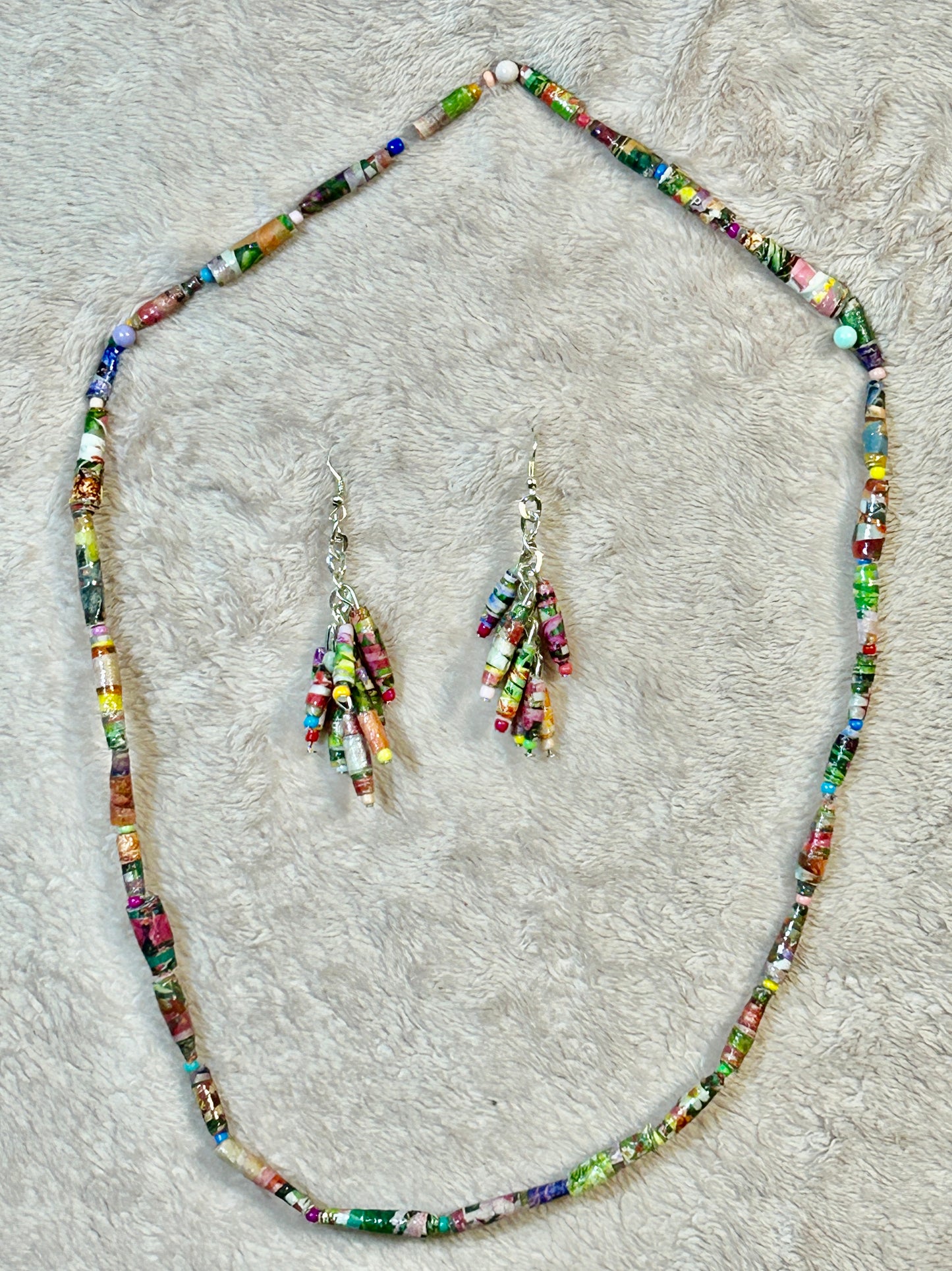 Floral Catalog Handmade Paper Bead Necklace and Earring Set with Hypoallergenic Silver-plated Findings